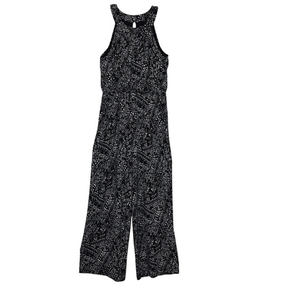 Emma & Michele Stretchy Knit Black White Aztec Elastic Waist Pockets Jump Suit L